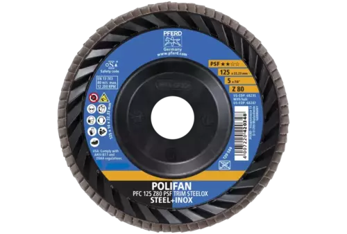 Ściernica listkowa POLIFAN PFC 125 x 22,23 mm stożkowa Z80 linia uniwersalna PSF TRIM STEELOX do stali/stali szlachetnej 2