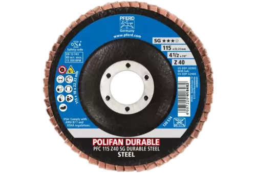 Ściernica listkowa POLIFAN POWER PFC 115 x 22,23 mm stożkowa Z40 linia wydajna SG DURABLE STEEL do stali 2