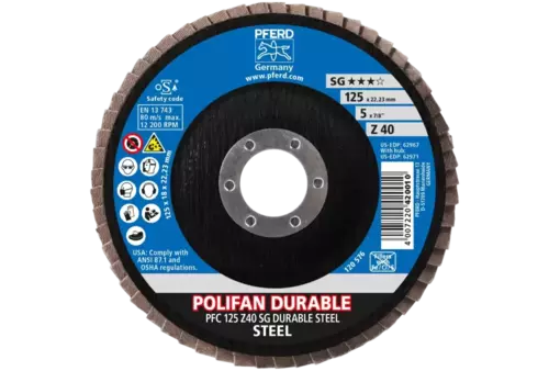 Ściernica listkowa POLIFAN POWER PFC 125 x 22,23 mm stożkowa Z40 linia wydajna SG DURABLE STEEL do stali 2