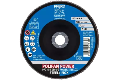 Ściernica listkowa POLIFAN POWER PFC 180 x 22,23 mm stożkowa Z50 linia wydajna SG STEELOX do stali/stali szlachetnej 2