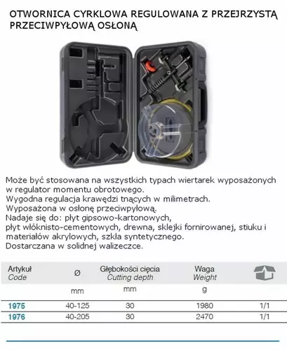 Otwornica cyrklowa regulowana z osłoną 40-205 mm walizka Beta BM1976 4