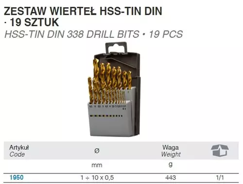 Zestaw 19 wierteł do metalu 1-10 mm HSS-TIN tytanowych DIN 338 Beta BM 1950 2