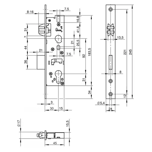 Zamek do drzwi wpuszczany na wkładkę bębenkową rolkowy D30 1452 Wilka inox 2