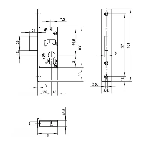 Zamek do drzwi wpuszczany na wkładkę bębenkową 038R D30 24x181 Wilka inox 2