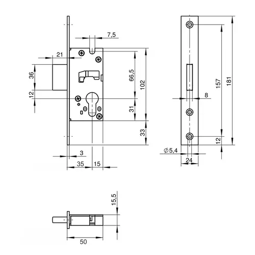 Zamek do drzwi wpuszczany na wkładkę bębenkową 038R D35 U 24x181 Wilka inox 2