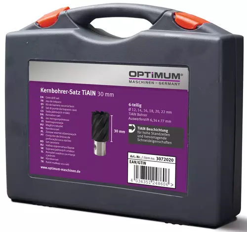 Zestaw 6 wierteł do wiercenia rdzeniowego 12-22 mm HSS TiAlN 30 Optimum 3072020 4