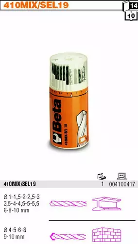 Komplet wierteł HSS 1-10mm 13 sztuk do metal/beton 4-10mm 6 sztuk Beta 410MIX/SEL19 2