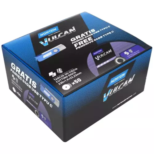 Zestaw 50 szt. tarcz do cięcia metalu 230x1,9x22,23 Vulcan płaska Norton 66252850805 + pendrive 64GB GRATIS 3