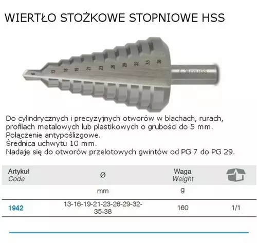 Wiertło stożkowe stopniowe 13-38mm HSS Beta BM 1942 2