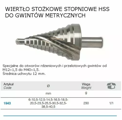 Wiertło stożkowe stopniowe 6-40,5mm HSS Beta BM1943 2