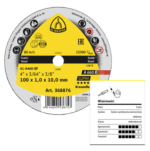 Tarcza do cięcia metalu 76x1x10 A 660 R Supra płaska Klingspor 368879 2