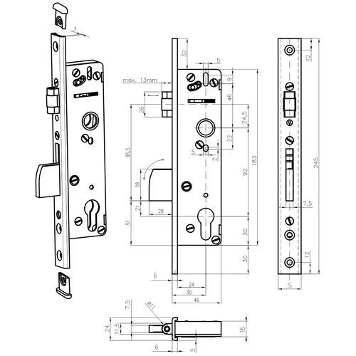 Zamek wąski do drzwi 30/245/24 Aluhard BASIC MC-30R wpuszczany rolkowo-zasuwkowy na wkładkę bębenkową 2