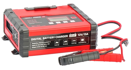 Prostownik do ładowania akumulatorów kwasowych, żelowych, AGM, MF PRAKTIK CHARGER 15 LCD 12V 5