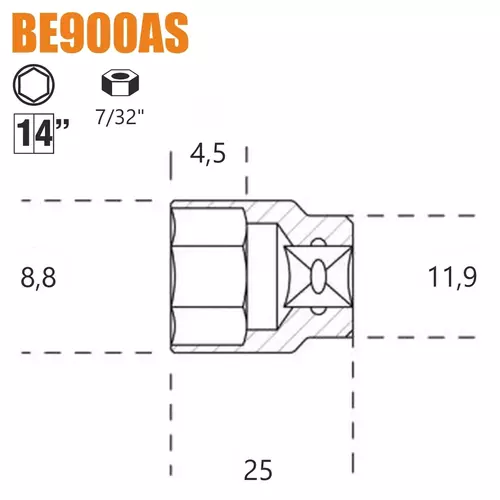 Nasadka sześciokątna calowa z gniazdem 1/4", model 900AS, 7/32" 2