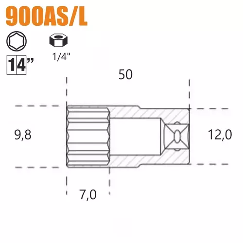 Nasadka sześciokątna długa calowa z gniazdem 1/4", model 900ASL, 1/4" 2