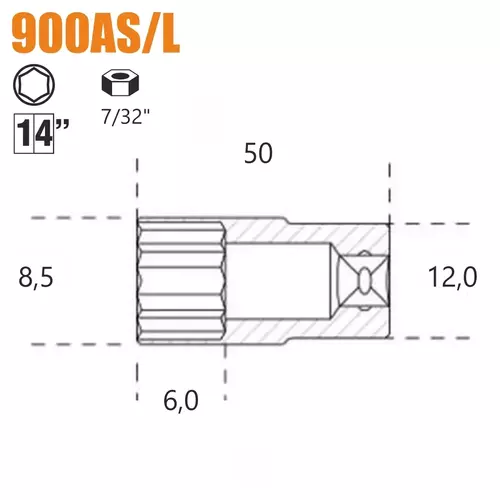 Nasadka sześciokątna długa calowa z gniazdem 1/4", model 900ASL, 7/32" 2