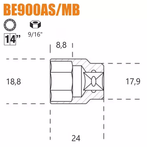 Nasadka dwunastokątna calowa z gniazdem 1/4", model 900AS/MB 9/16" 2
