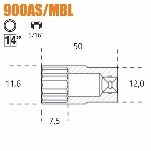 Nasadka dwunastokątna długa calowa z gniazdem 1/4", model 900AS/MBL, 5/16" 2