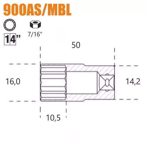 Nasadka dwunastokątna długa calowa z gniazdem 1/4", model 900AS/MBL, 7/16" 2