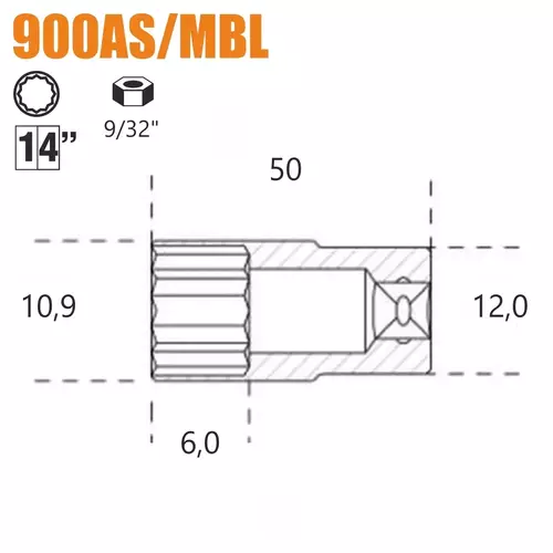 Nasadka dwunastokątna długa calowa z gniazdem 1/4", model 900AS/MBL, 9/32" 2