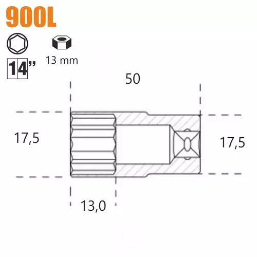 Nasadka sześciokątna długa z gniazdem 1/4", model 900L, 13mm 2
