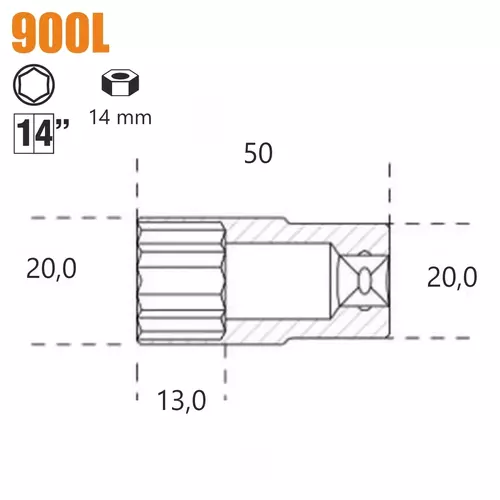 Nasadka sześciokątna długa z gniazdem 1/4", model 900L, 14mm 2