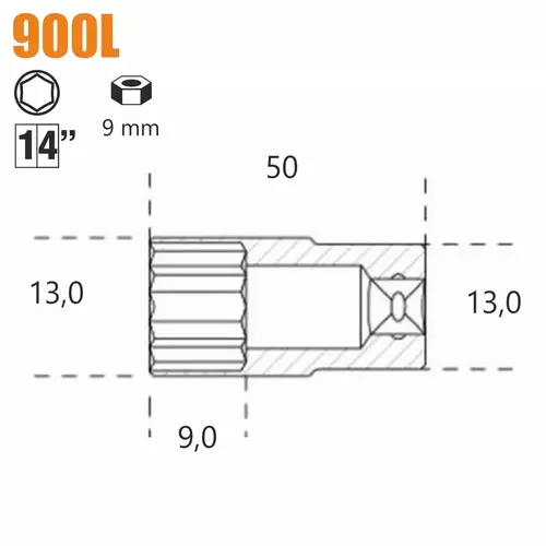 Nasadka sześciokątna długa z gniazdem 1/4", model 900L, 9mm 2