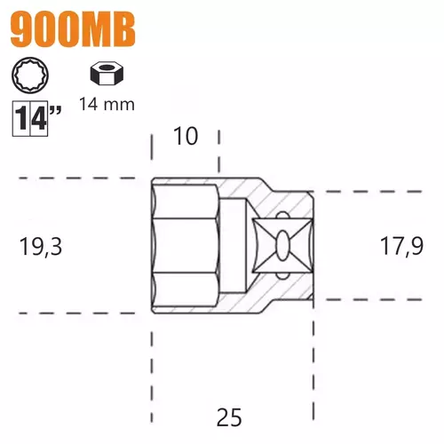 Nasadka dwunastokątna z gniazdem 1/4", model 900MB, 14mm 2