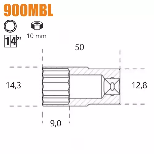 Nasadka dwunastokątna długa z gniazdem 1/4", model 900MBL, 10mm 2