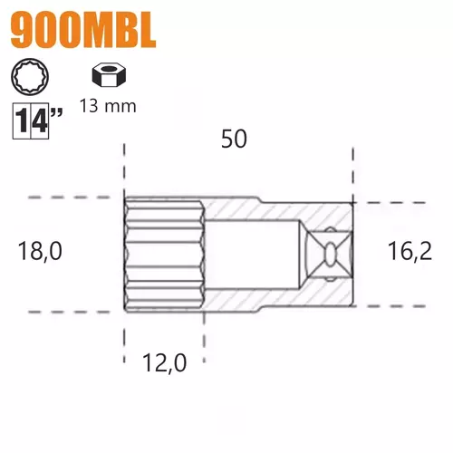 Nasadka dwunastokątna długa z gniazdem 1/4", model 900MBL, 13mm 2