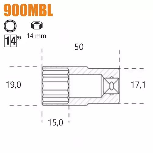 Nasadka dwunastokątna długa z gniazdem 1/4", model 900MBL, 14mm 2