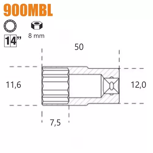 Nasadka dwunastokątna długa z gniazdem 1/4", model 900MBL, 8mm 2