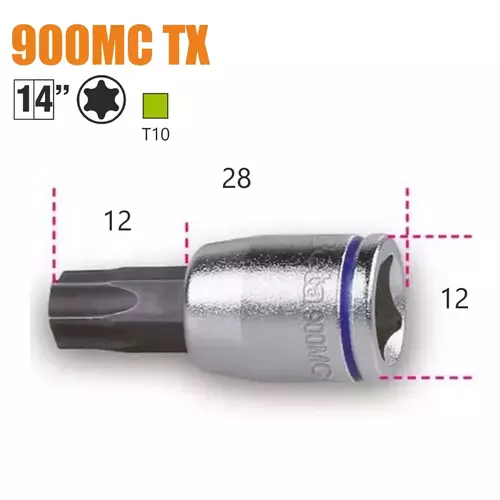 Nasadka z końcówką wkrętakową profil TORX, gniazdo 1/4", chromowane - końcówki czernione, rozmiar oznaczony kolorem, model 900mc TX10 3