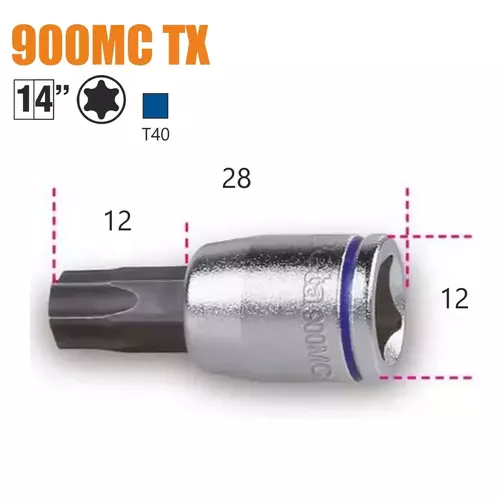 Nasadka z końcówką wkrętakową profil TORX, gniazdo 1/4", chromowane - końcówki czernione, rozmiar oznaczony kolorem, model 900MC TX40 3