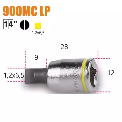Nasadka z końcówką wkrętakową płaską, chromowane - końcówki czernione, rozmiar oznaczony kolorem, model900MC/LP/1.2x6.5 3