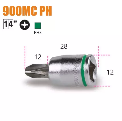 Nasadka z końcówką wkrętakową profil Phillips, gniazdo 1/4", chromowane - końcówki czernione, rozmiar oznaczony kolorem, model900MC/PH3 3