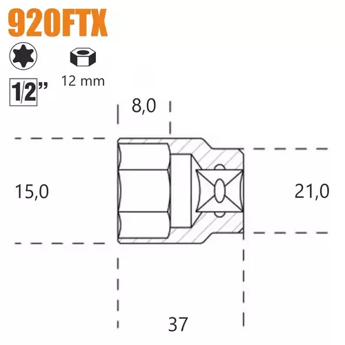 Nasadka profil TORX wewnętrzny z gniazdem 1/2" model 920, E12 2