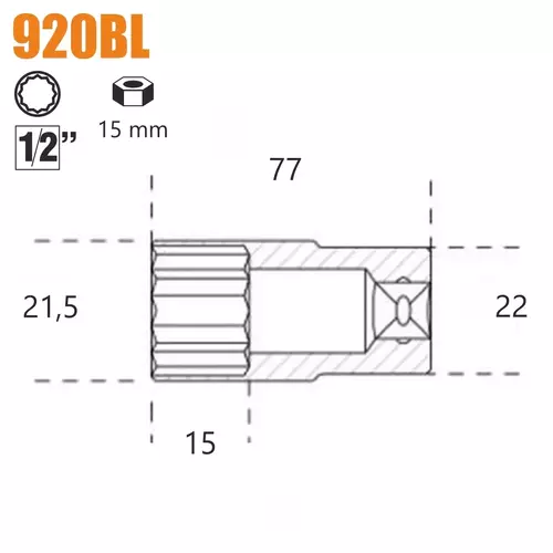 Nasadka dwunastokątna długa z gniazdem 1/2" model 920BL 15mm 2