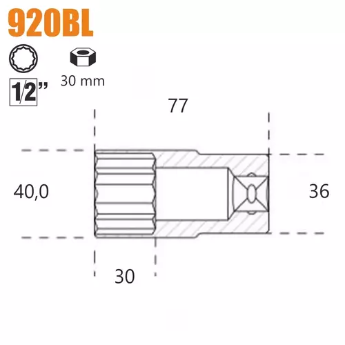 Nasadka dwunastokątna długa z gniazdem 1/2" model 920BL 30mm 2