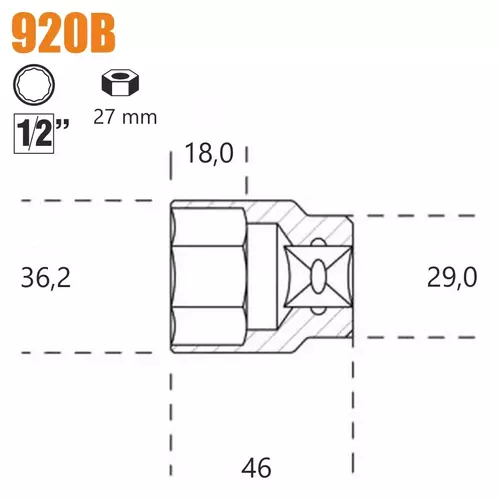 Nasadka dwunastokątna z gniazdem 1/2" model 920B 27mm 2