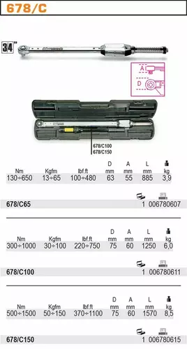 Klucz dynamometryczny łamany w pudełku 300-1000 Nm zabierak 3/4" Beta 678/C100 10