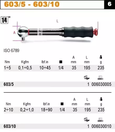 Klucz dynamometryczny ze sprzęgłem poślizgowym 18-90 Nm zabierak 1/4" Beta 603/10 2