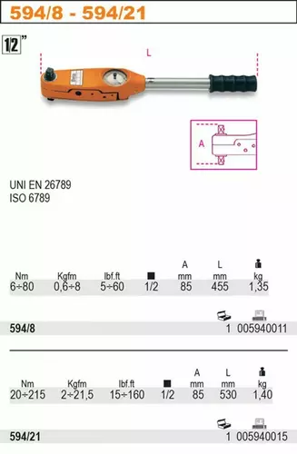 Klucz dynamometryczny zegarowy 16-80 Nm zabierak 1/2" Beta 594/8 2