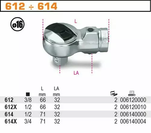 Głowica wymienna 1/2" do kluczy dynamometrycznych z dwukierunkowym mechanizmem zapadkowym i trzpieniem Ø 16 mm Beta 614 2