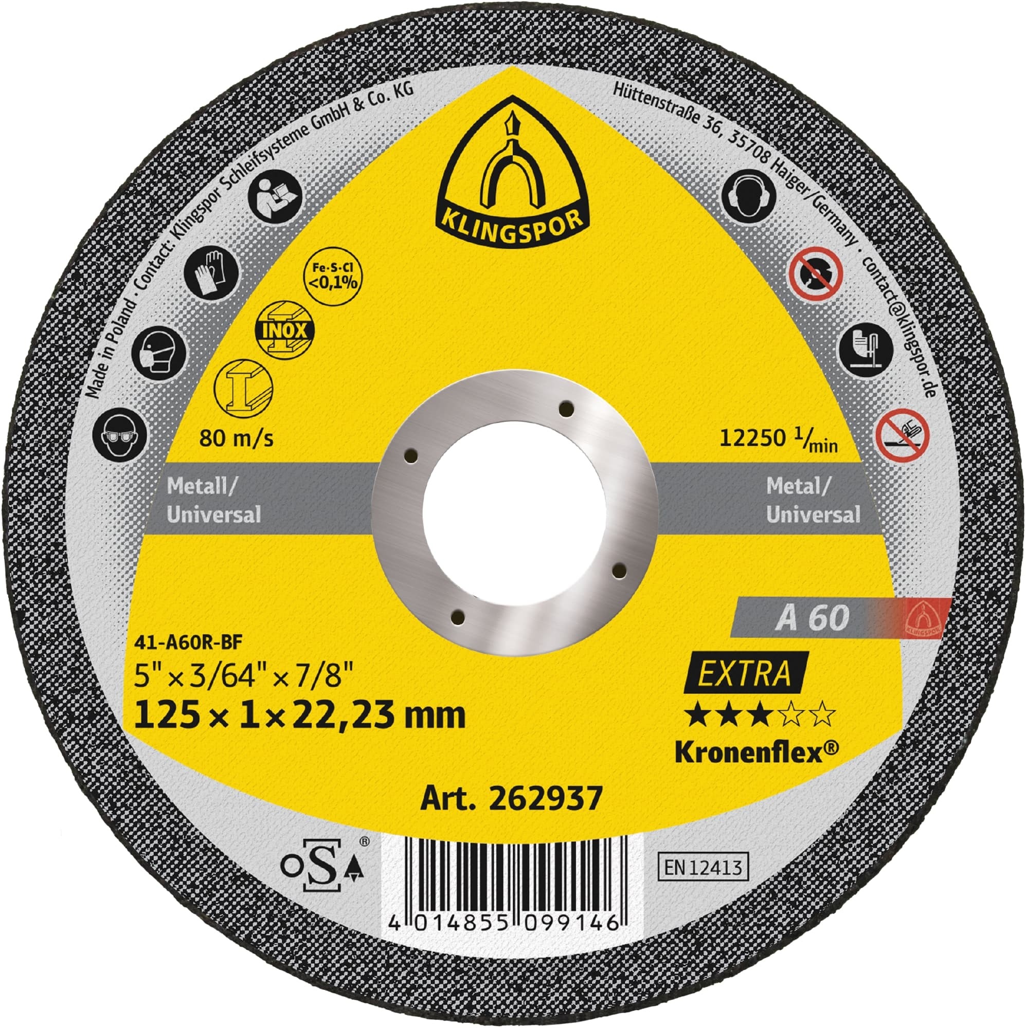 Tarcza 125x1x22 metal/inox Klingspor A 60 EX 262937 25 szt