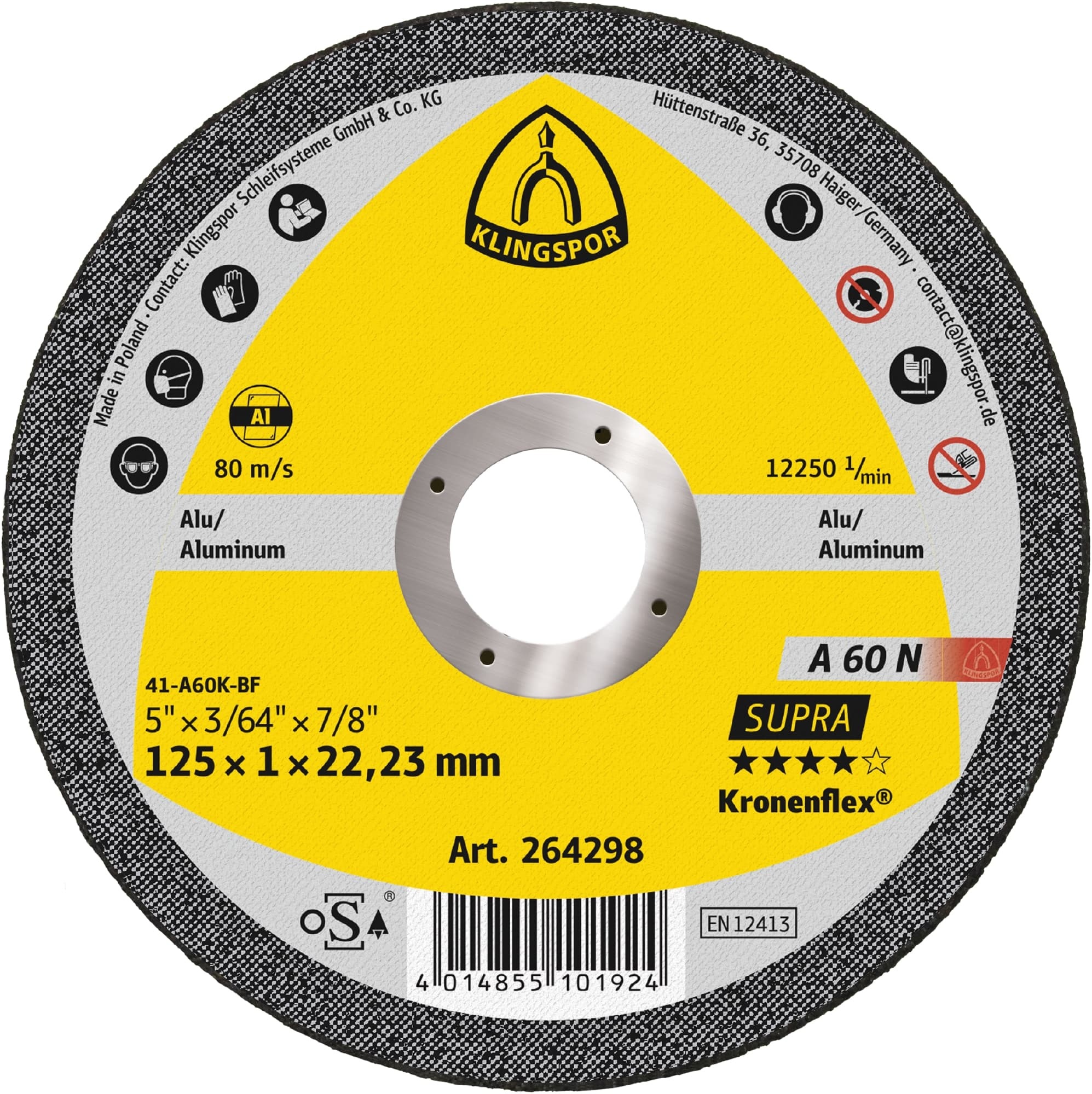 Tarcza 125x1x22 aluminium Klingspor A 60 N 264298 25 szt