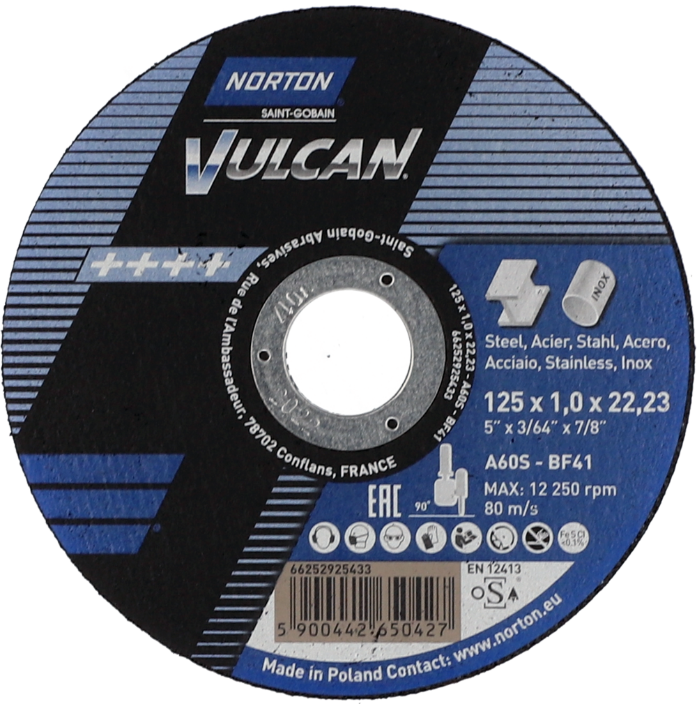 TANIEJ - Tarcza do cięcia metalu 125x1x22,23 Vulcan płaska Norton 66252925433