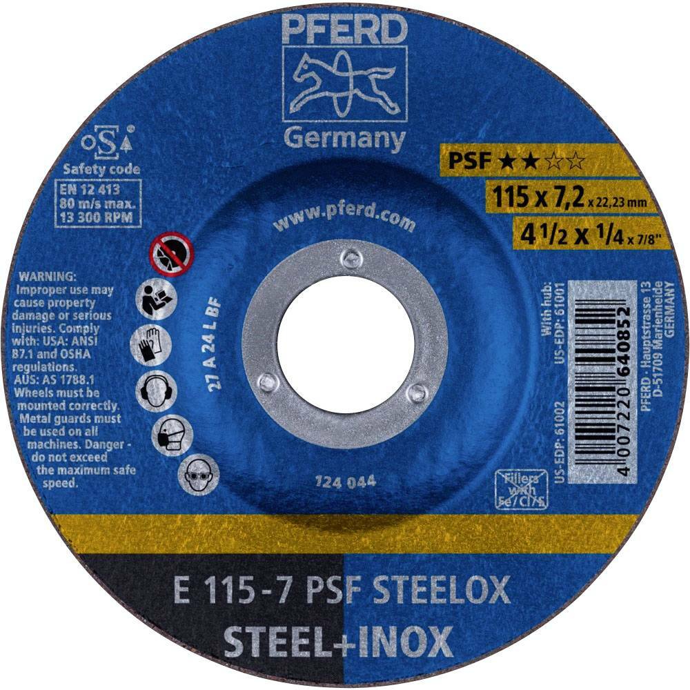 Tarcza do szlifowania metalu 115x7,2x22,23 PSF STEELOX wypukła Pferd 62011640