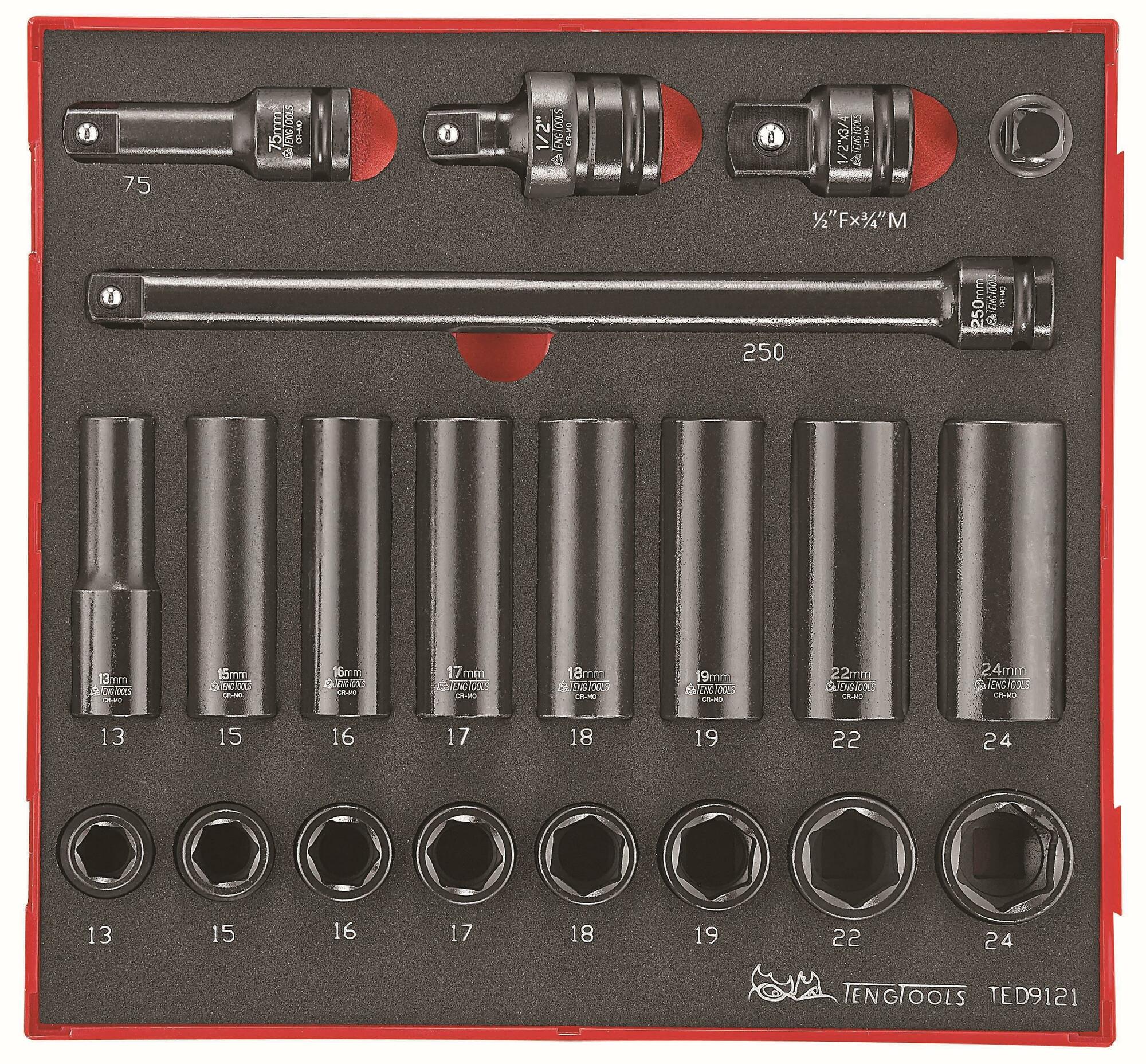 21-elementowy zestaw nasadek maszynowych z chwytem kwadratowym 1/2 Teng Tools TED 9121