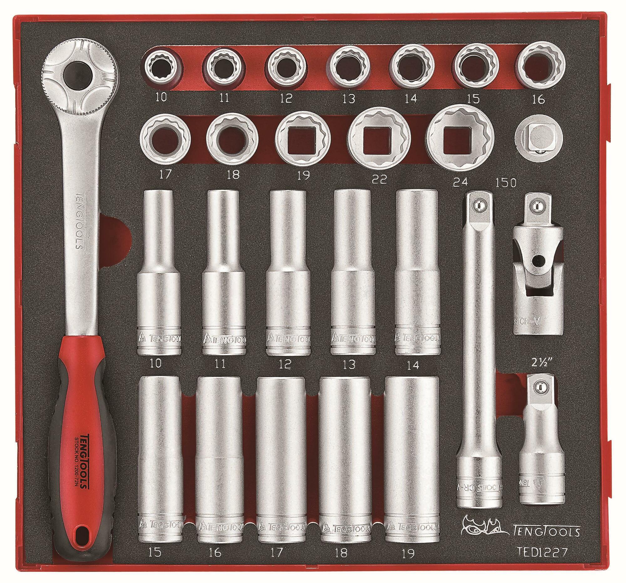 27-elementowy zestaw narzędzi nasadkowych z chwytem kwadratowym 1/2 Teng Tools TED1227